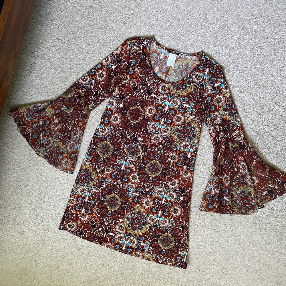 Retro A-line Dress with Bell Chiffon Sleeves from the Elbow.  Size L